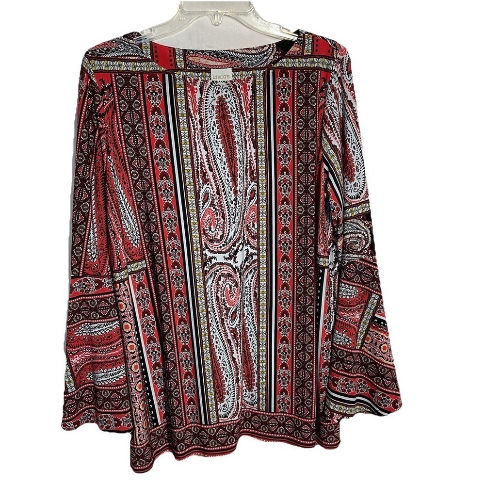 Chico's Red Stretch Bell Sleeve Boho Blouse Top Chicos 2 = Large Stretchy